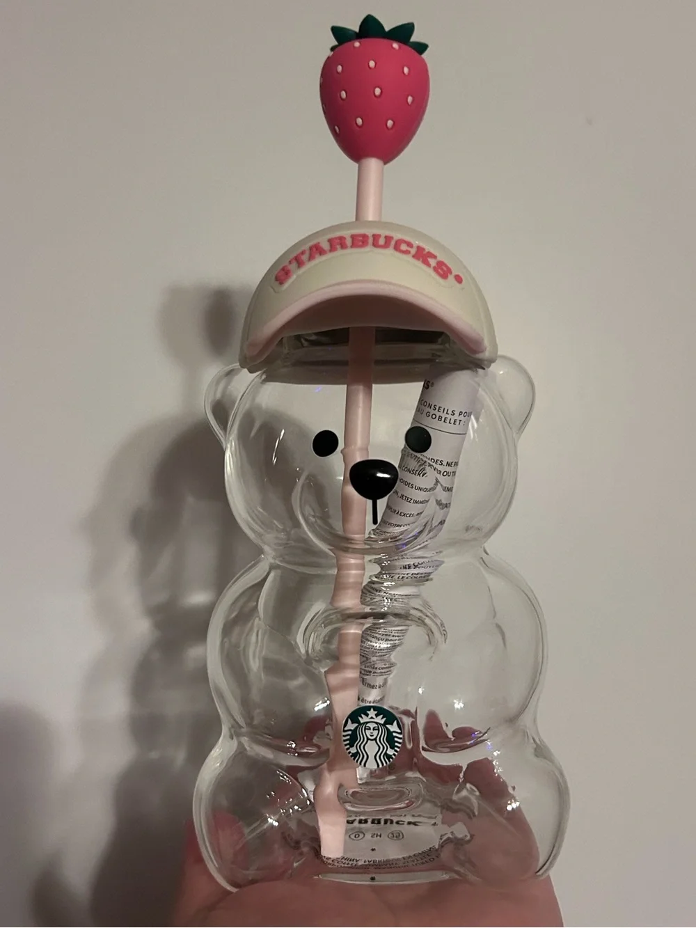 Starbucks Clear Bear Tumbler with Pink Straw and Strawberry Lid